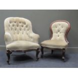 A Victorian button back armchair on cabriole legs together with a Victorian walnut spoon back