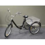 A push trike with a rear basket, the frame in black with white highlightingThe trike is an adult