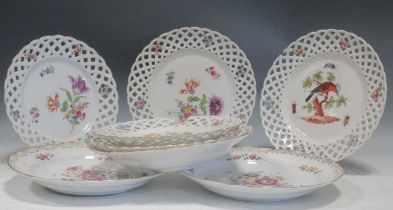 Five Meissen plates with pierced borders and three Continental porcelain cabinet plates, all painted