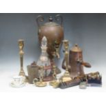 Three small brass telescopes, opera glasses, copper chocolate pot, copper urn with tap, cut glass