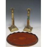 A pair of George III brass telescopic candlesticks and an Edwardian waiter