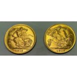 Two George V half sovereigns 1912 and 1915