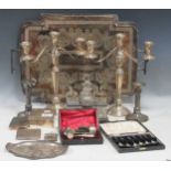 Silver plated tray dated 1916, pair Alvin sterling filled candelabra, few other small silver odds