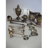 A collection of silverware including flatware, trophy, cream jug decanter labels etc, 28.6ozt gross