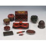 A collection of Tartanware including snuff boxes, boxes and a miniature cauldronMarkings and