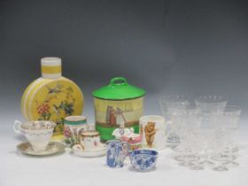 A mounted claret jug, various ceramic cups, saucers and vessels including Royal Doulton for