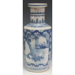 A Chinese blue and white rouleau vase (damaged)Marking and staining to the exterior with some