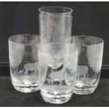 A set of three Rowland Ward type game animal engraved tumblers including roan antelope, giraffe, and