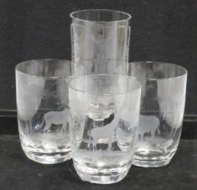 A set of three Rowland Ward type game animal engraved tumblers including roan antelope, giraffe, and