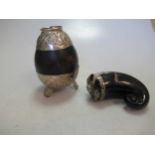 A stone set horn snuff mull together with a continental silver mounted Argentinian mate holder (2)