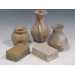 Three Chinese stone "pale" vases, 15cm high (tallest);and two stone soap tablets3.5 x 10.5 x 6.