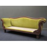 A William IV style mahogany scroll end settee, 89 x 232 x 64cm