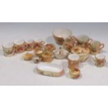 A collection of Royal Worcester blush ivory miniature items, to include four mugs, pin dish, two