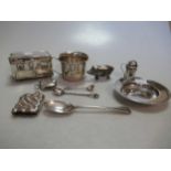 A small collection of silver including a miniature jewellery casket (a/f), armada dish, vestas,