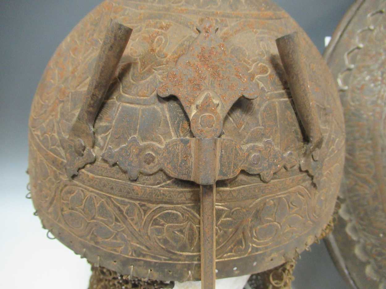 An Indian Kulah Khud top helmet together with a shield, probably 19th century, decorated with - Image 8 of 8