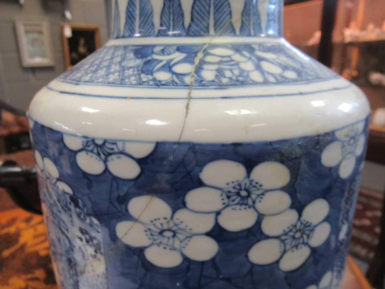 A Chinese blue and white rouleau vase (damaged)Marking and staining to the exterior with some - Image 14 of 18