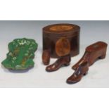 A small inlaid tea caddy, together with a wooden nutmeg grater, and various wooden shoes (6)the