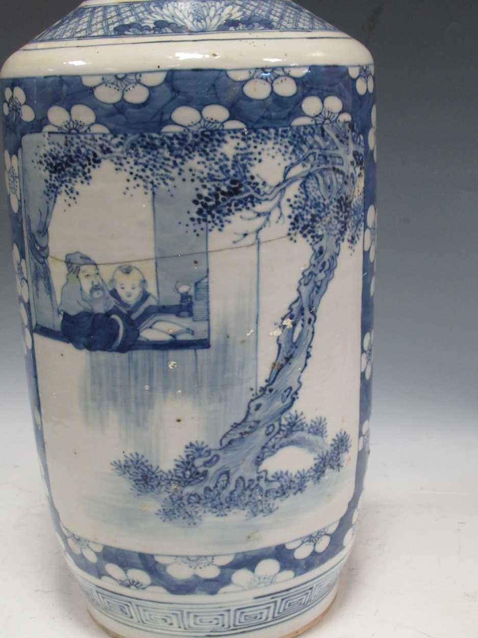 A Chinese blue and white rouleau vase (damaged)Marking and staining to the exterior with some - Image 5 of 18