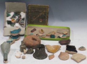A group of archaeological fragments to include a broken Roman glass vase, kashan pottery etc