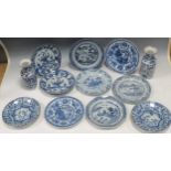 Ten Chinese blue and white plates, mainly 18th century; two similar Chinese blue and white vases -