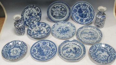 Ten Chinese blue and white plates, mainly 18th century; two similar Chinese blue and white vases -