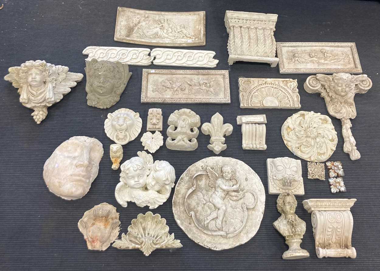 Items of moulded classical architectural items and a bust of Mozart