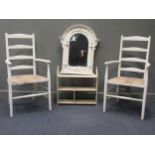 A pair of white painted ladder back chairs together with a white painted open wall shelf 59 x 61 x