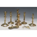 William Lee 18th century brass candlestick (signed), five other 18th/19th century brass candlesticks