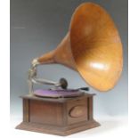 A 'Selecta' oak wind up gramophone with large wood-effect tin horn