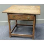 A mid-17th century style elm lowboy, with floral brass handles, the two plank top over a single long