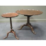 A George III birdcage tilt top wine table with 19th century carved dished pie crust top, with