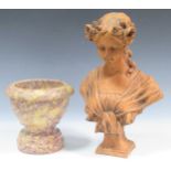 Pink marble Italian style urn, 23cm high; together with a terracotta bust of a maiden, 48cm high