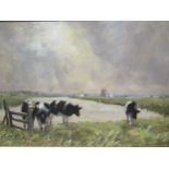 Owen Waters (British 1916-2004), Cows grazing, Norfolk, signed (lower right), oil on board, 28.5 x