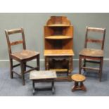 A pair of country chairs, a corner shelf and three stools (6)