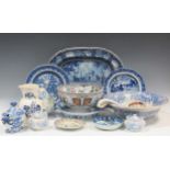 A collection of blue and white pattern ceramics, from makers Masons, Spode and Davenport,