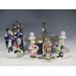 A pair of Derby Sampson and Hancock candlesticks, Vienna style figure, a Staffordshire figure 'The