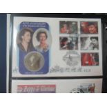 3 Royal family commemorative stamp albums, modern, with a few crowns mounted into FDCs