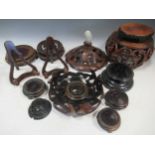 Various Oriental and Chinese wooden stand and lids, one with mutton fat jade finialScratching and