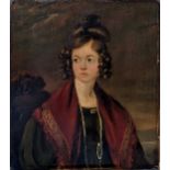 Scottish School, 19th centuryportrait of a lady wearing a burgundy shawl with a landscape