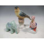 Herend green fishnet elephant, a red fishnet duck and a bird on tree stump 9.5cm high (3)