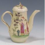 A 18th century creamware coffee pot and cover, enamelled with Chinese figure in a garden, 17.5cm