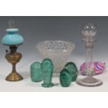 Four Victorian glass dump paperweights, a glass lace maker's lamp, a lattice glass fruit bowl etc.