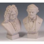 Two Robinson & Leadbeater Parian busts: Wagner and Handel largest 21cm high, together with two