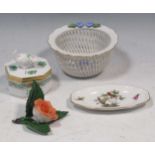 Herend lattice bowl, a pin dish, cat-lid trinket box and a rose bud ornament (4)