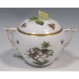 Herend lidded two handled bowl with rosebud finial, decorated with birds, butterflies and insects,