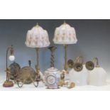 A collection of brass lamps and fittings, including a pair of glass shades, ceramics teapot and