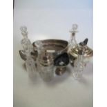 A silver mounted cruet stand with bottles, together with a pair of 18th century silver salts and a