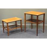 Two 20th century teak occasional tables, the rectangular tops raised on square tapered legs united