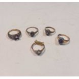 Five stone set dress rings, all assessed or hallmarked as 9ct gold, gross weight 11.5g (5)