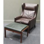 zzz A modern brown faux leather wing back armchair together with a stool (2)